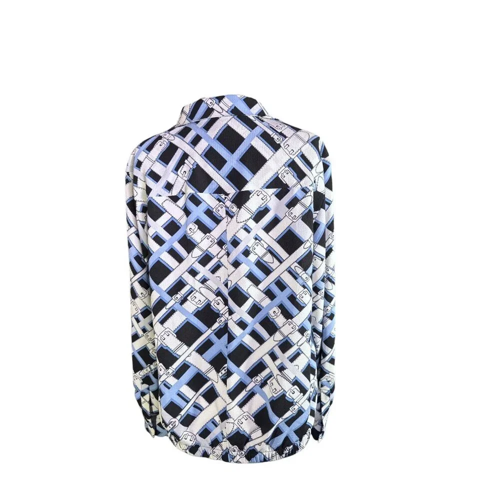 Jones New York Womens Button Up Blouse Tie Front Black Blue Patterned Size M - Picture 2 of 10
